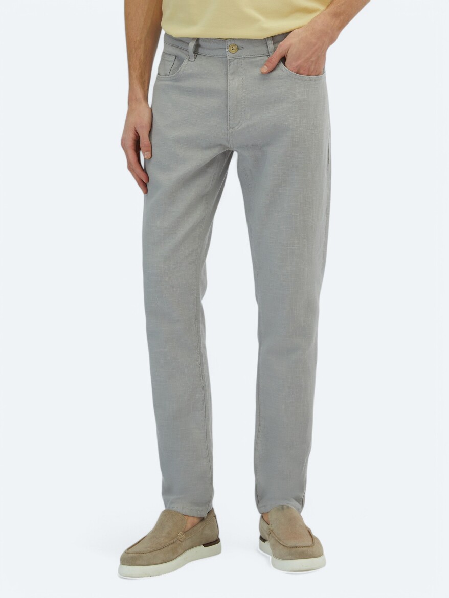 Gri Dokuma Regular Fit Casual Pamuk Karışımlı Pantolon - KİP