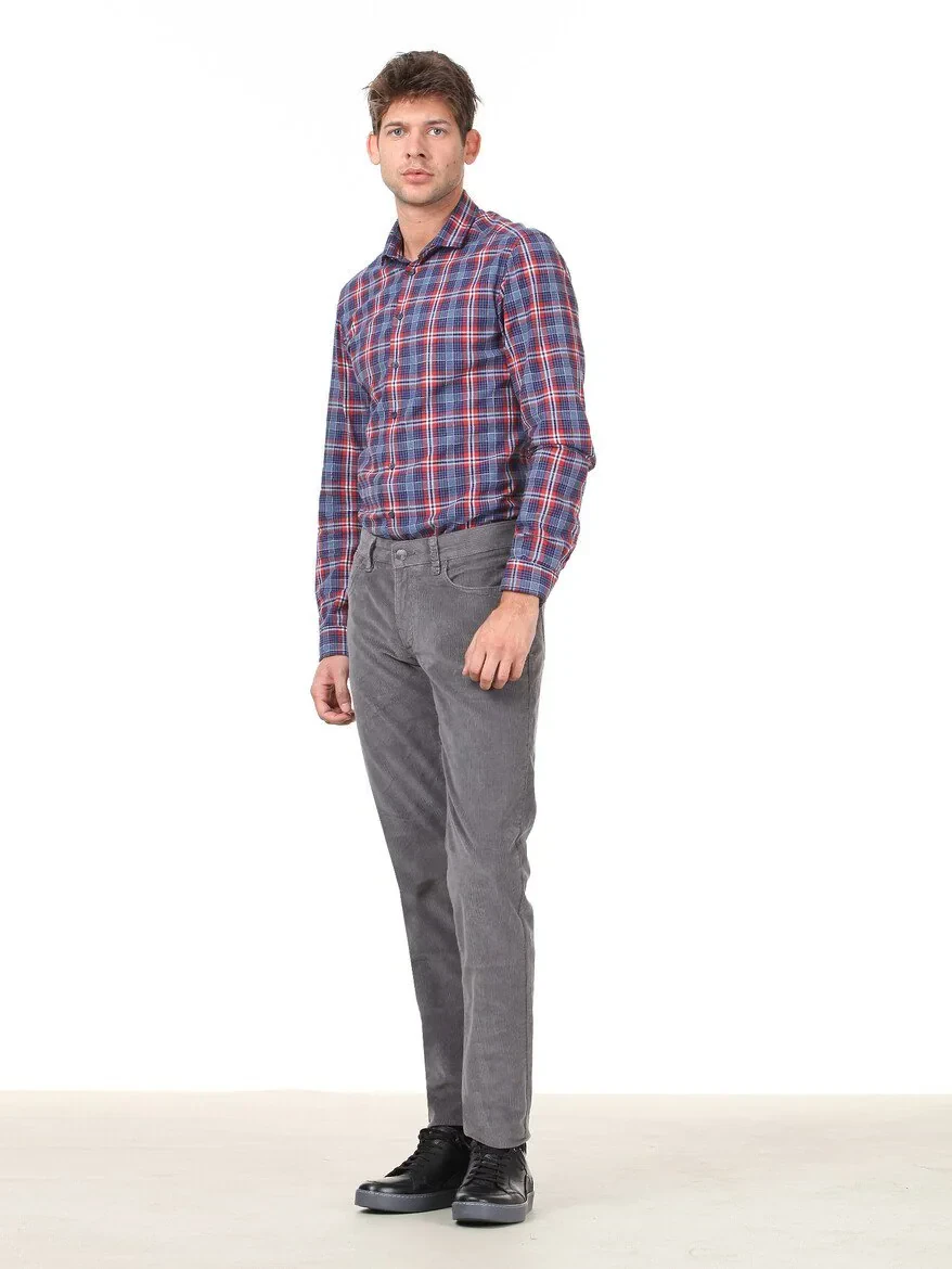 Gri Dokuma Regular Fit Kadife Casual Pamuk Karışımlı Pantolon - 1