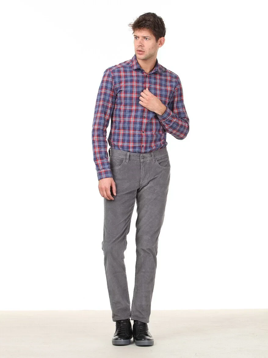 Gri Dokuma Regular Fit Kadife Casual Pamuk Karışımlı Pantolon - 3