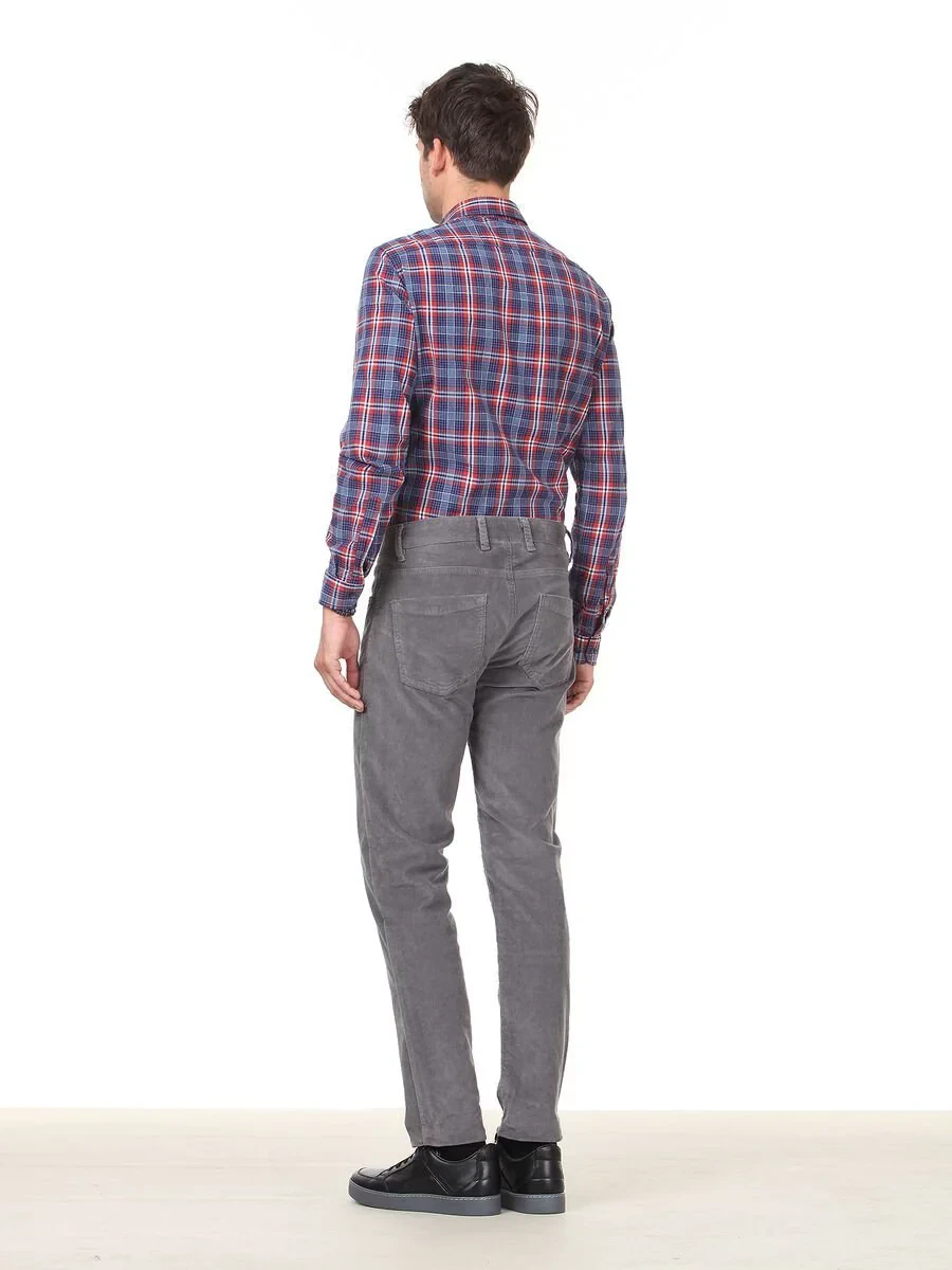 Gri Dokuma Regular Fit Kadife Casual Pamuk Karışımlı Pantolon - 4
