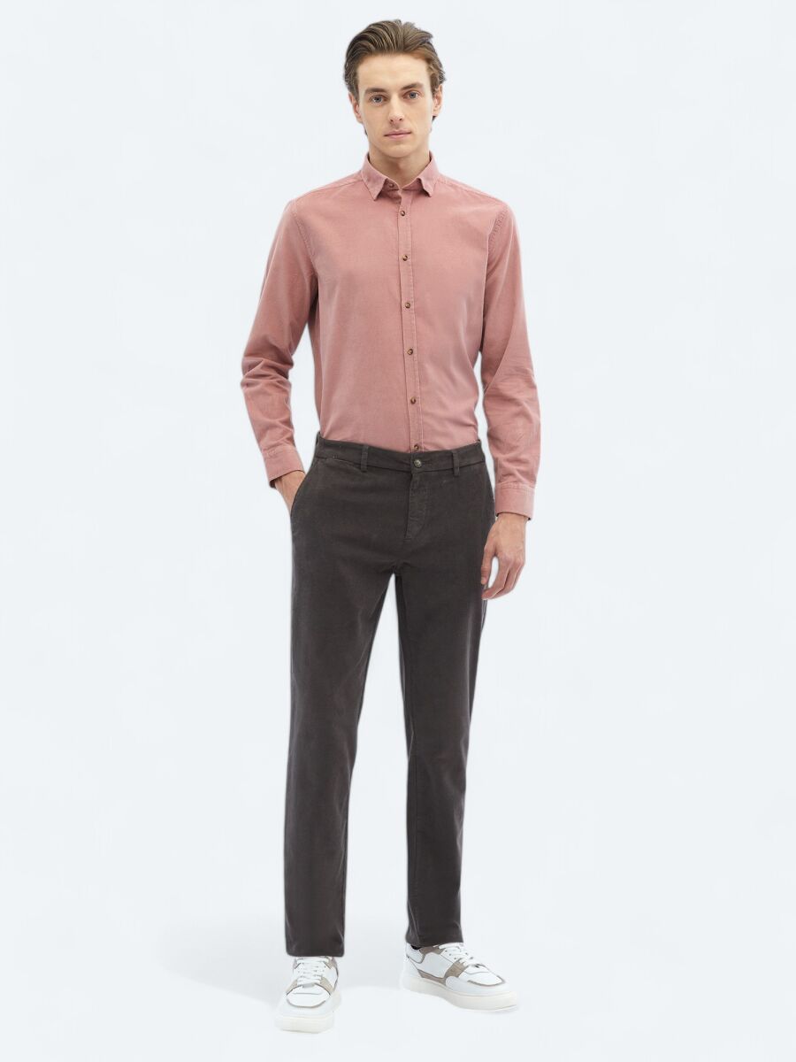 Gri Dokuma Regular Fit Kadife Casual Pamuk Karışımlı Pantolon - 1