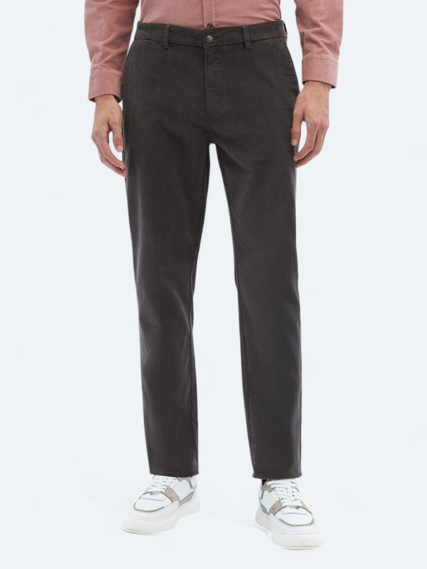 Gri Dokuma Regular Fit Kadife Casual Pamuk Karışımlı Pantolon - 2