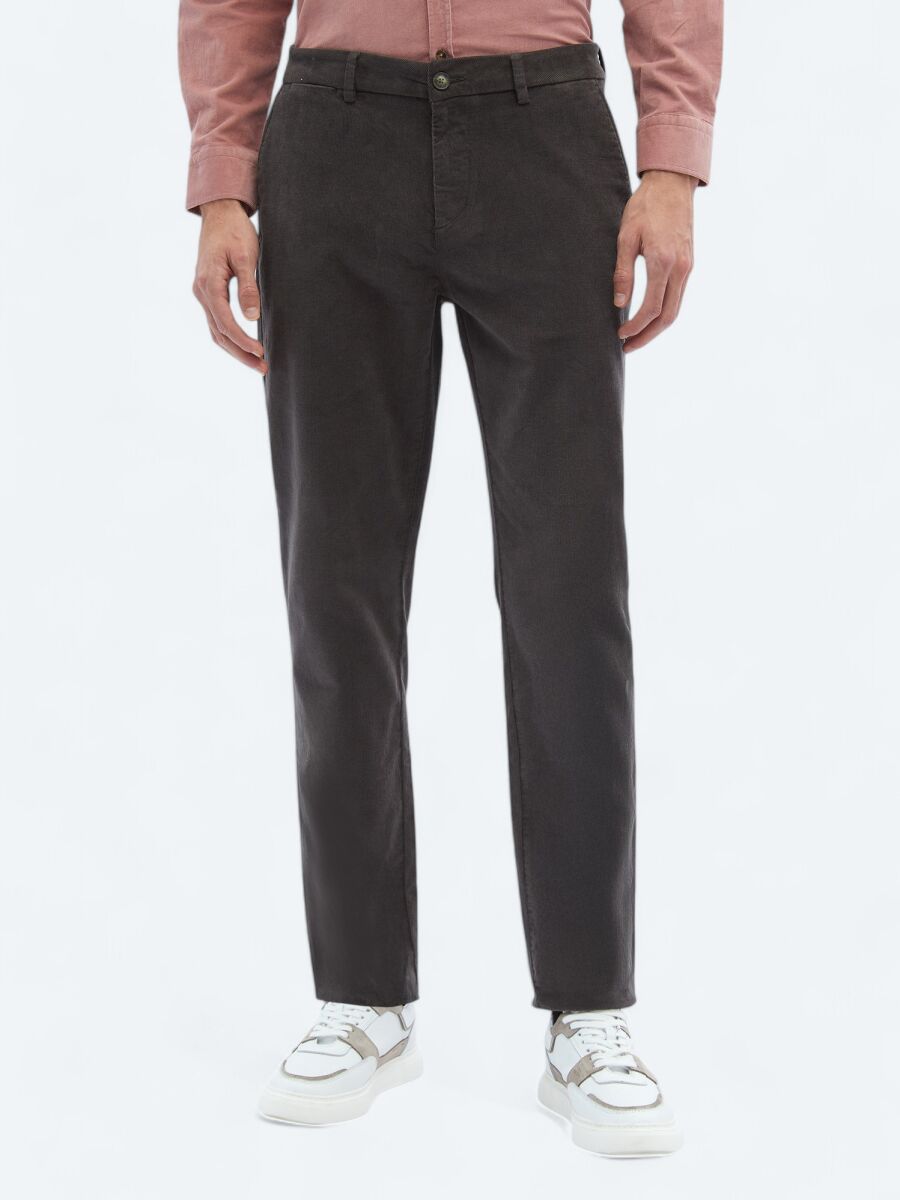 Gri Dokuma Regular Fit Kadife Casual Pamuk Karışımlı Pantolon - 2