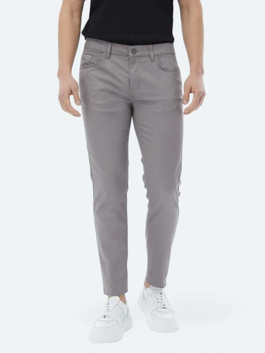 Gri Dokuma Slim Fit Casual Pamuk Karışımlı Pantolon - 2