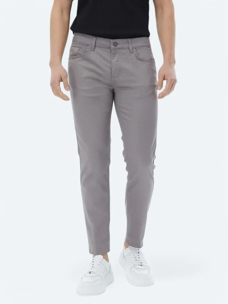 Gri Dokuma Slim Fit Casual Pamuk Karışımlı Pantolon - 2
