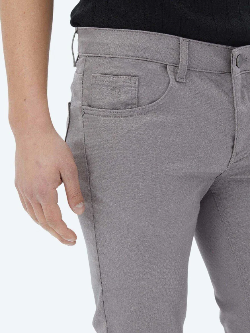 Gri Dokuma Slim Fit Casual Pamuk Karışımlı Pantolon 