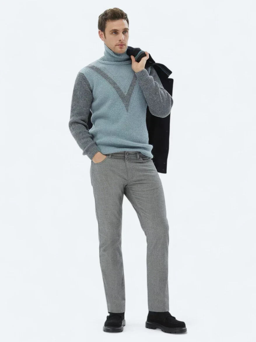 Gri Dokuma Slim Fit Casual Pamuk Karışımlı Pantolon - 1