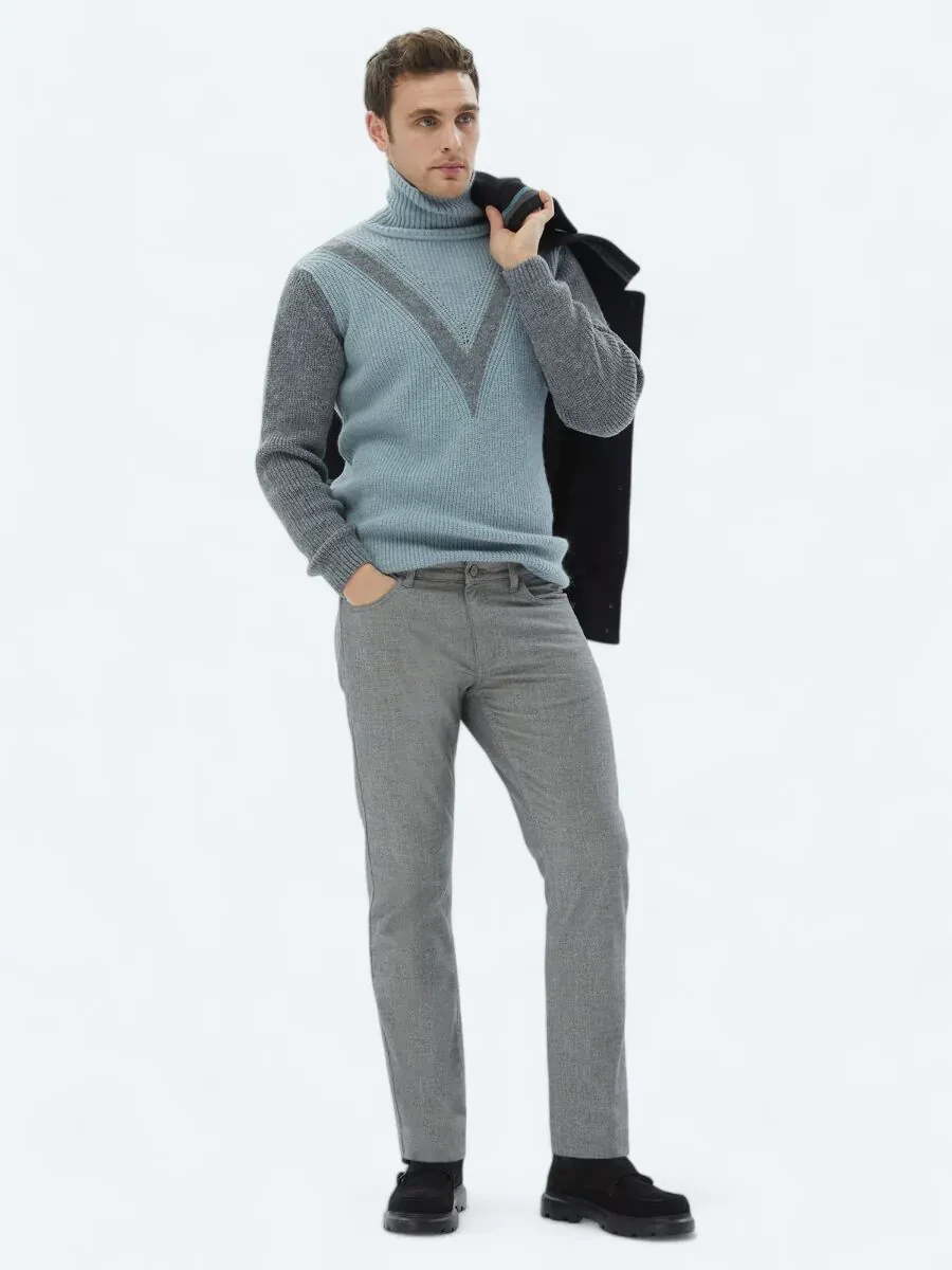 Gri Dokuma Slim Fit Casual Pamuk Karışımlı Pantolon - 1