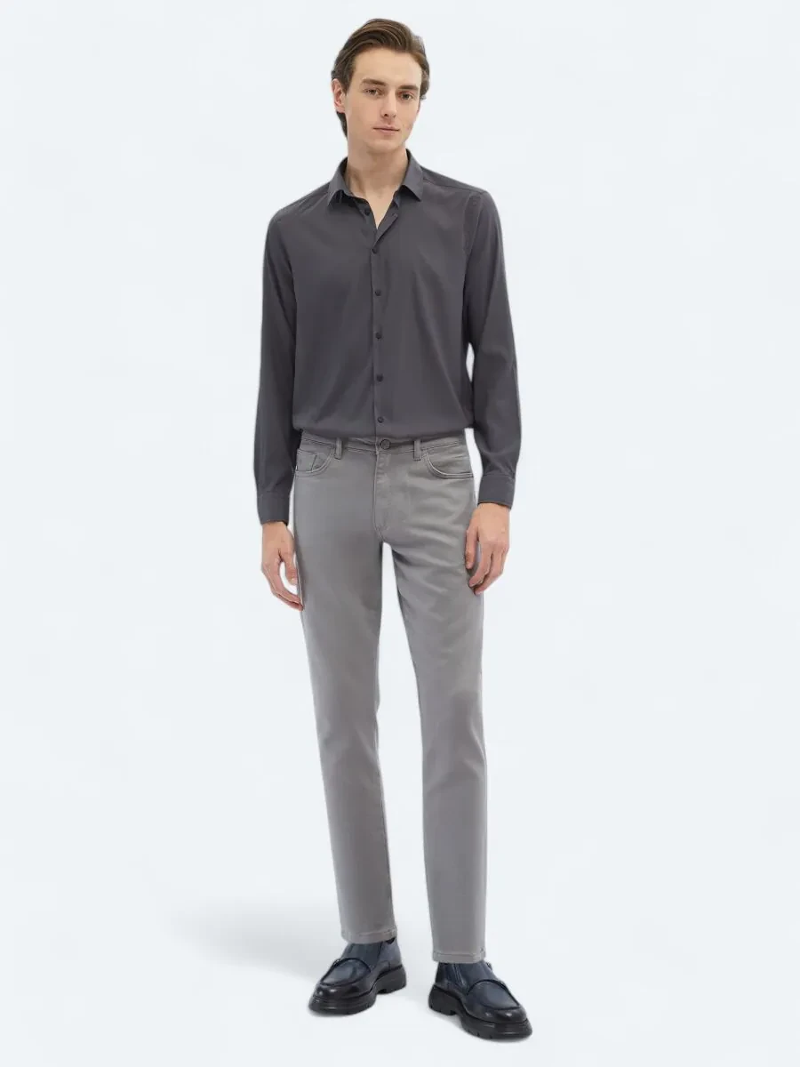 Gri Dokuma Slim Fit Casual Pamuk Karışımlı Pantolon - 1