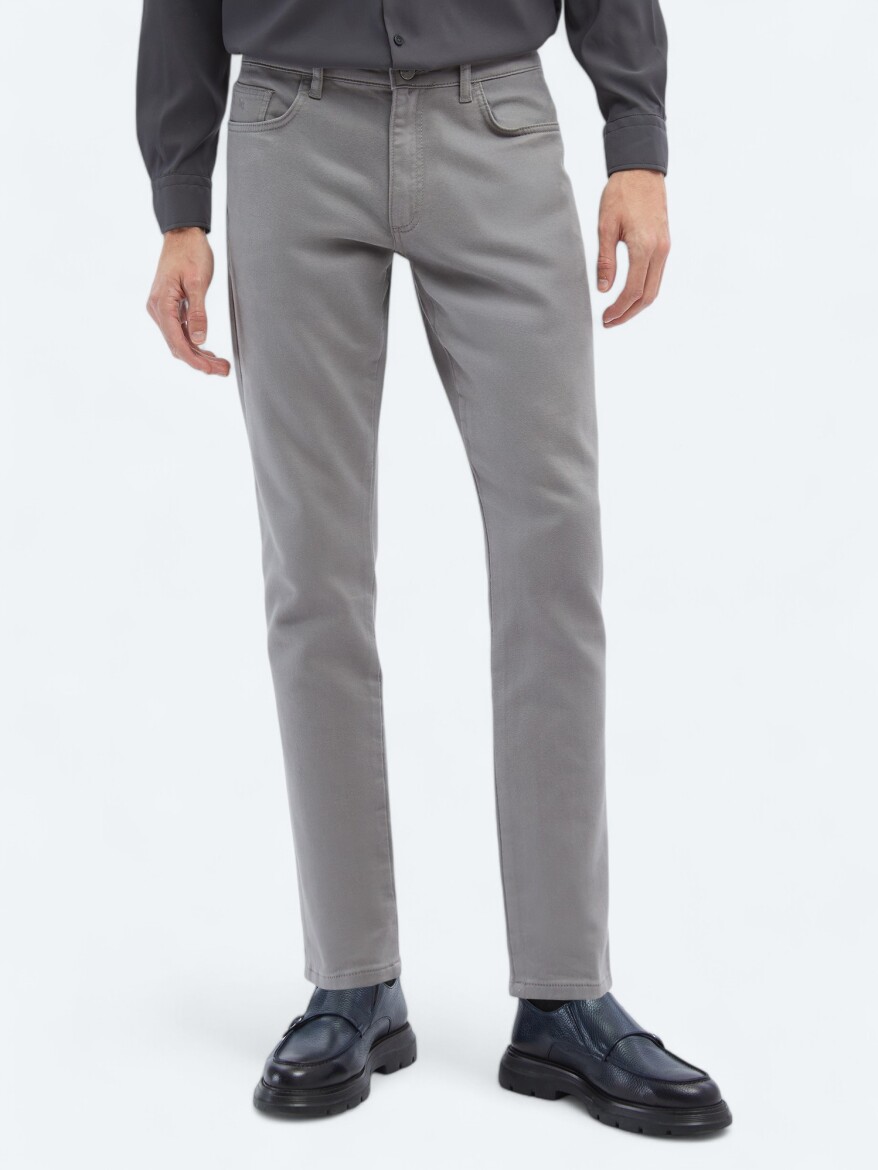 Gri Dokuma Slim Fit Casual Pamuk Karışımlı Pantolon - KİP