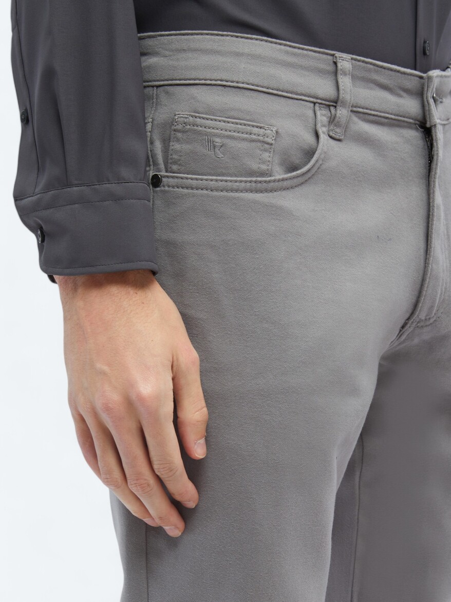 Gri Dokuma Slim Fit Casual Pamuk Karışımlı Pantolon - 3