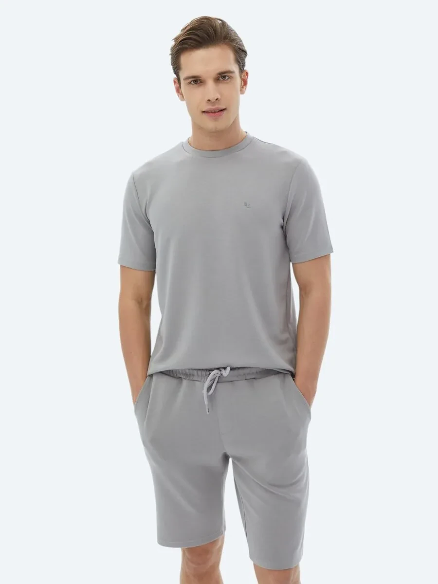 Gri Düz Bisiklet Yaka T-Shirt - 1