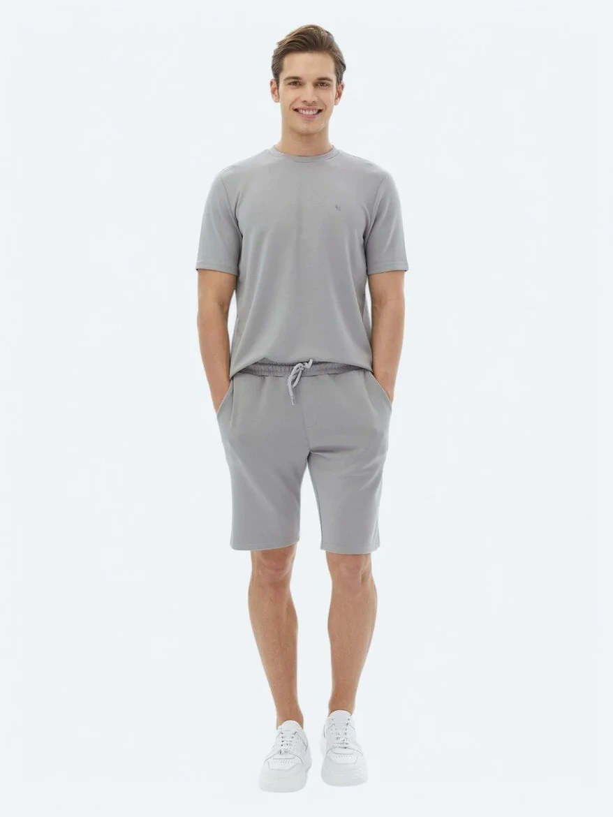 Gri Düz Bisiklet Yaka T-Shirt - 2