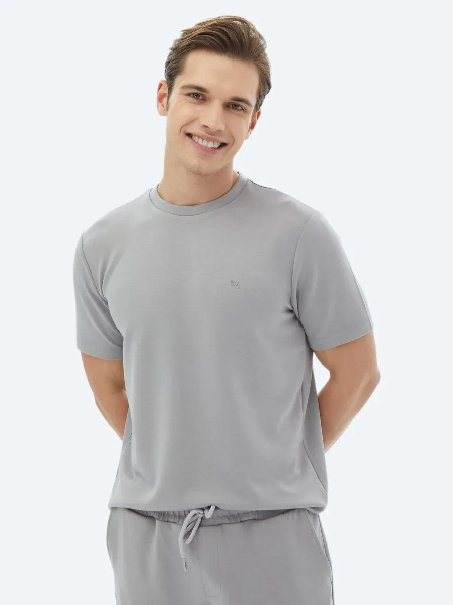 Gri Düz Bisiklet Yaka T-Shirt - 3
