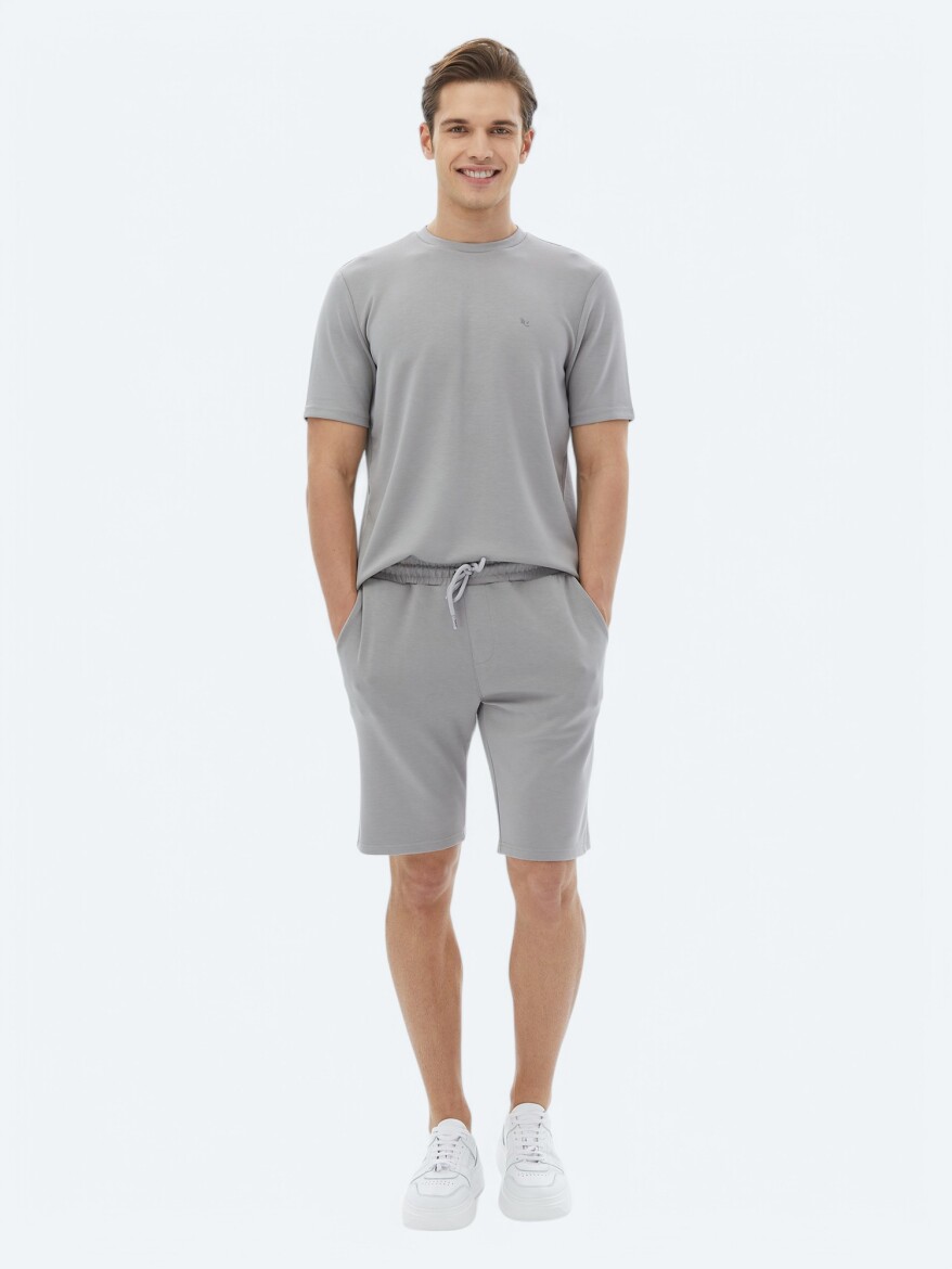 Gri Düz Bisiklet Yaka T-Shirt - 2