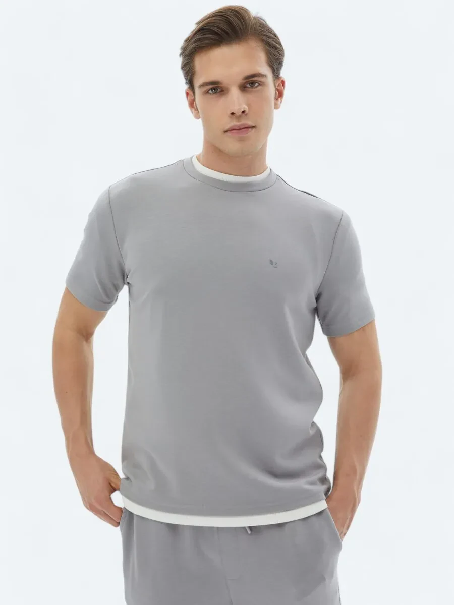Gri Düz Bisiklet Yaka T-Shirt - 1