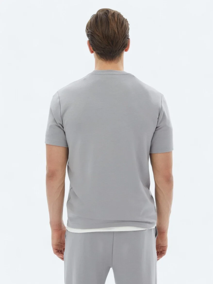 Gri Düz Bisiklet Yaka T-Shirt - 5