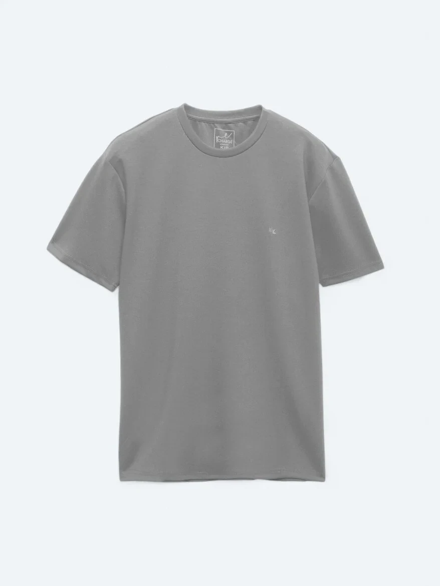 Gri Düz Bisiklet Yaka T-Shirt - 6