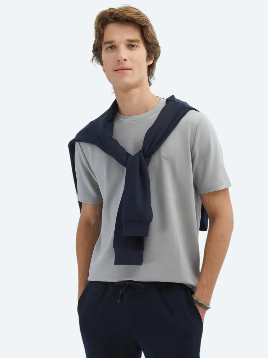 Gri Düz Bisiklet Yaka T-Shirt - 1