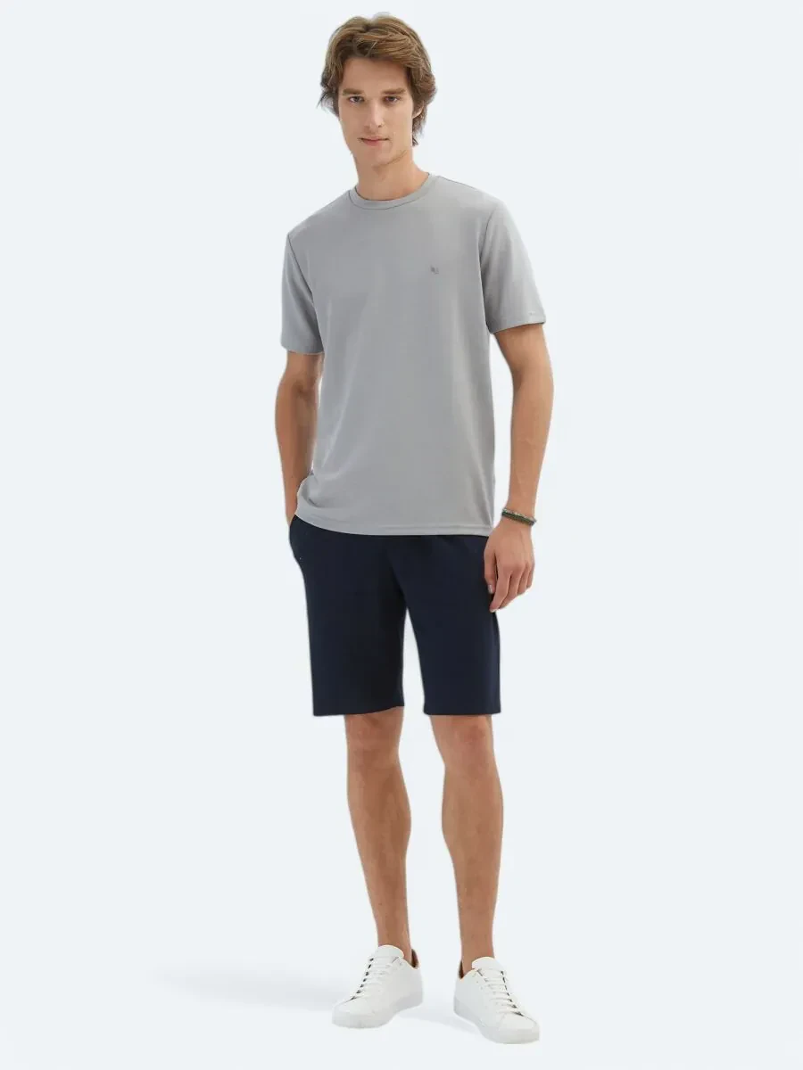 Gri Düz Bisiklet Yaka T-Shirt - 2