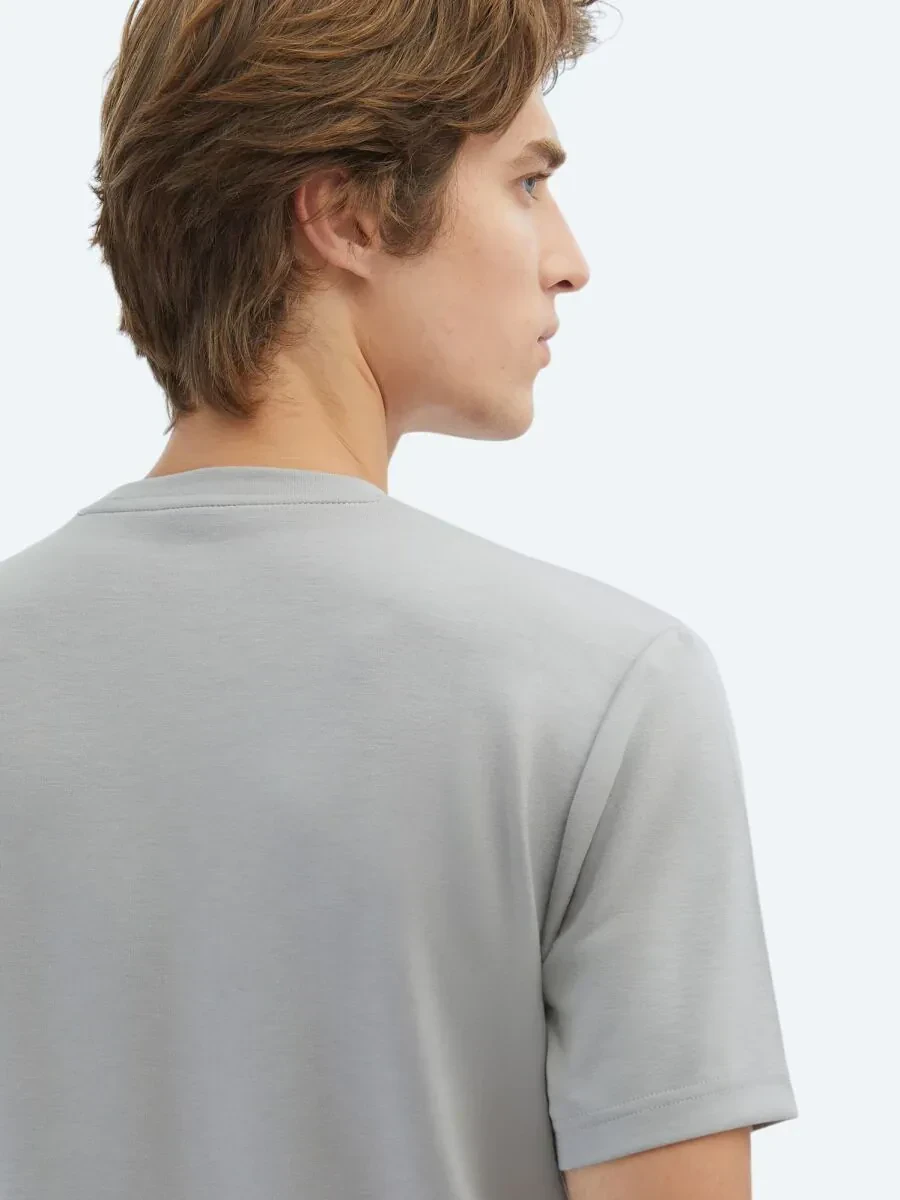 Gri Düz Bisiklet Yaka T-Shirt - 5