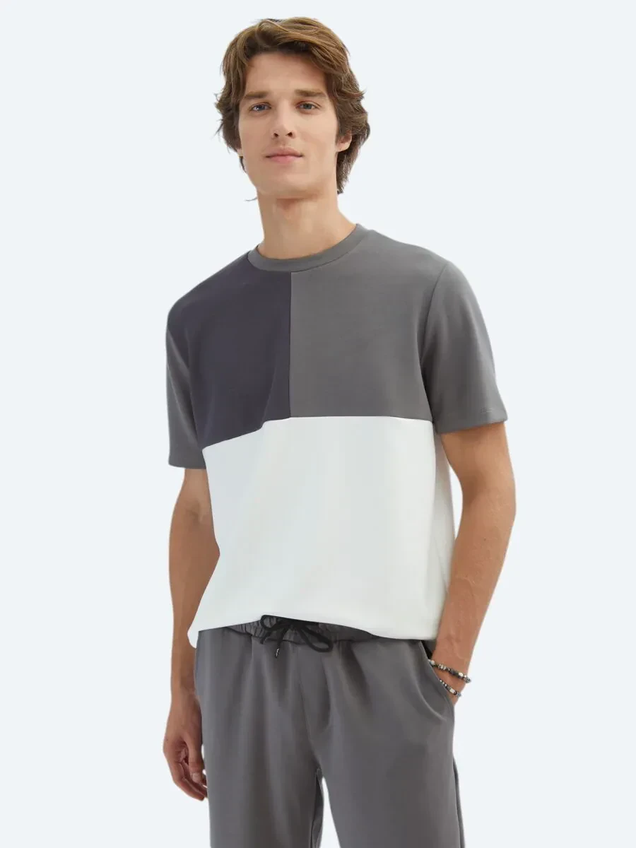 Gri Düz Bisiklet Yaka T-Shirt - 1
