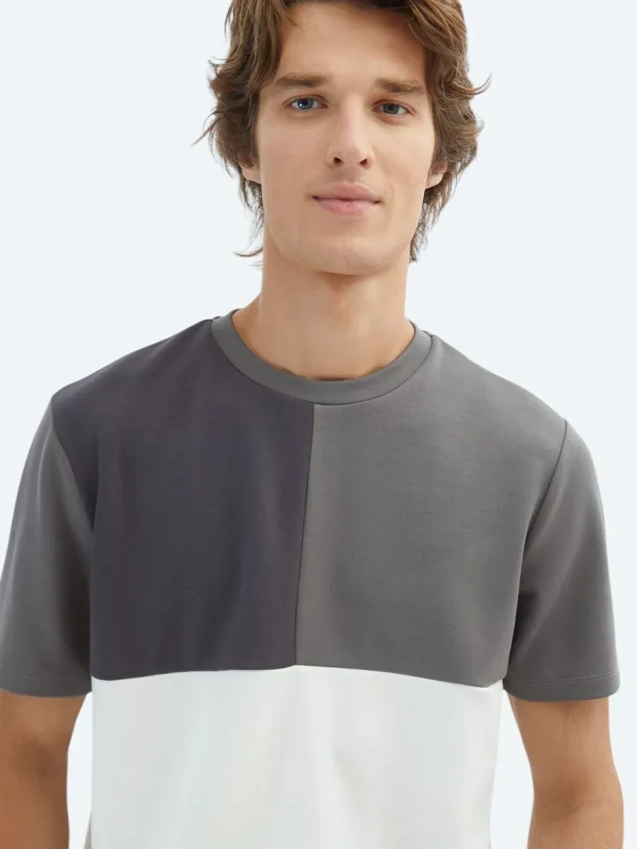 Gri Düz Bisiklet Yaka T-Shirt - 4