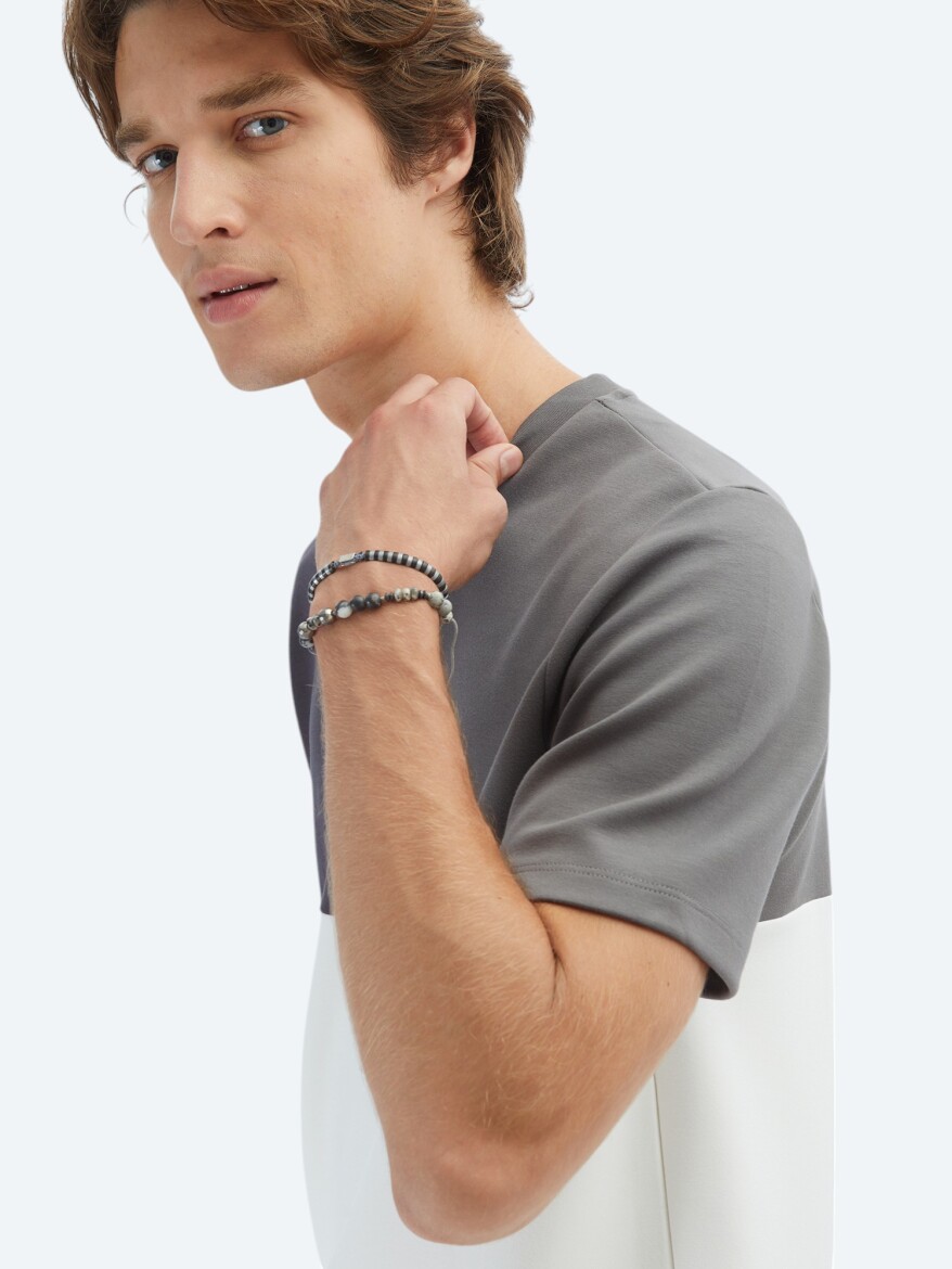 Gri Düz Bisiklet Yaka T-Shirt - 3