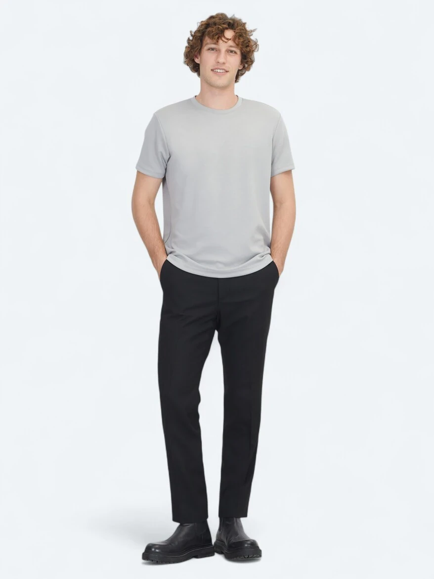 Gri Düz Bisiklet Yaka T-Shirt - 2