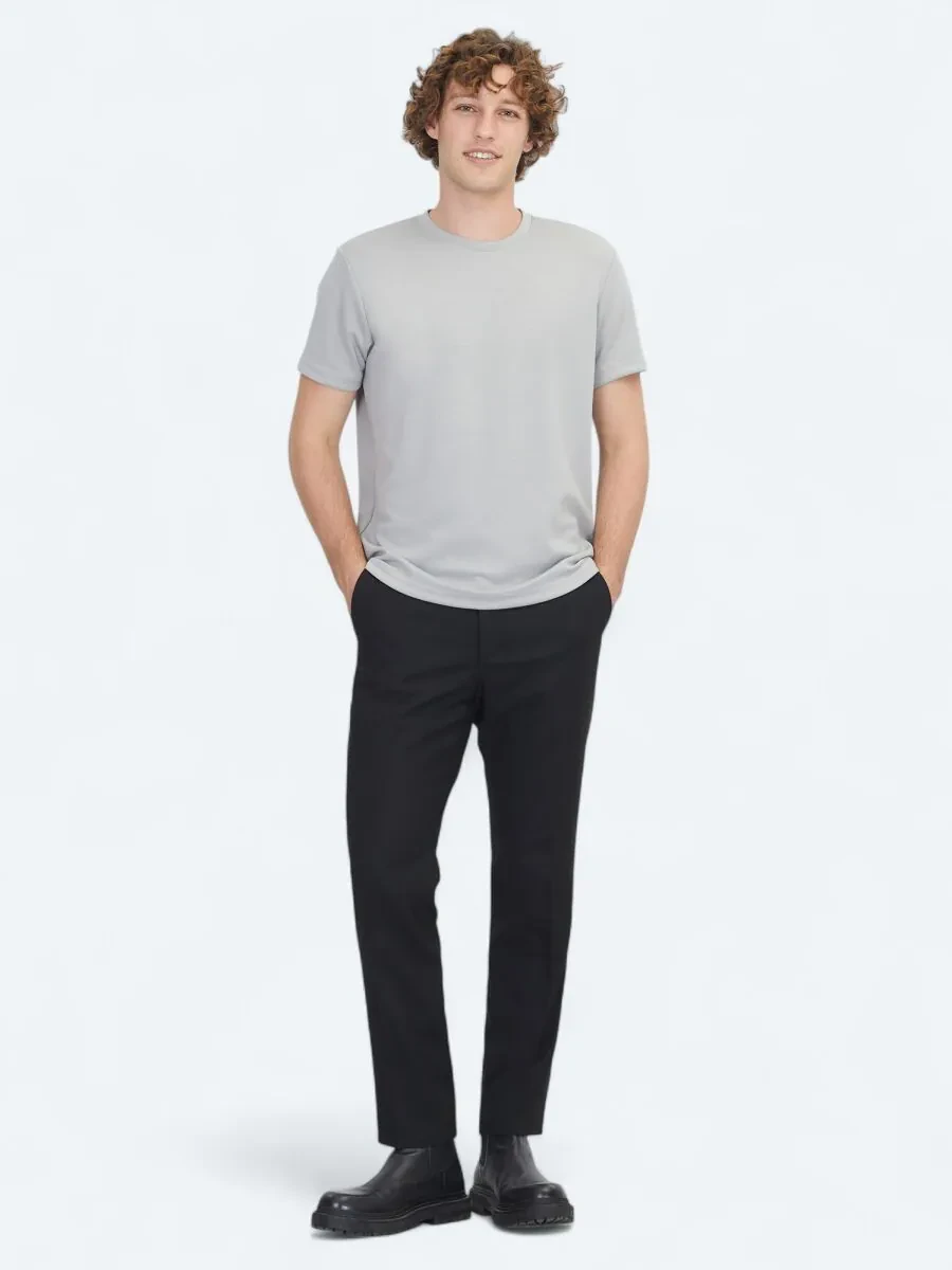 Gri Düz Bisiklet Yaka T-Shirt - 2