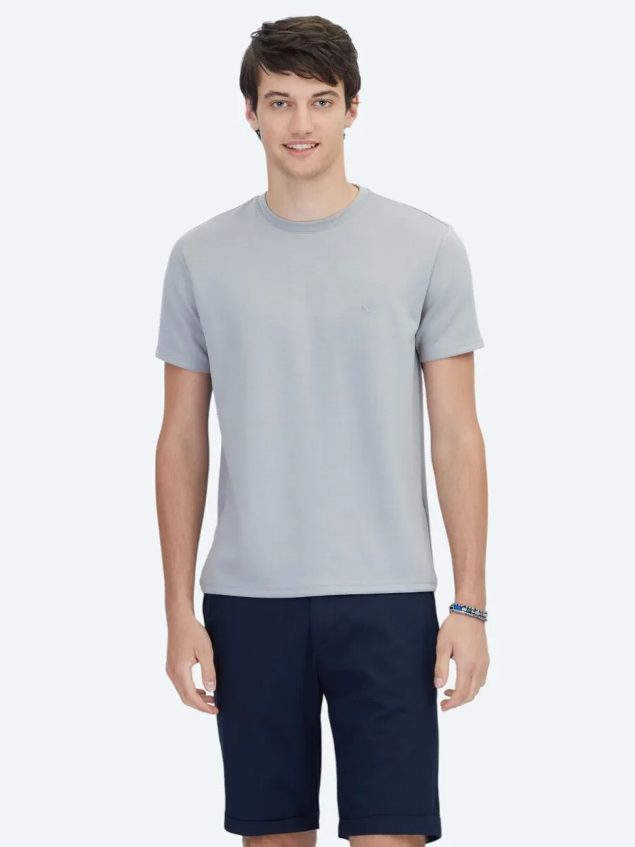 Gri Düz Bisiklet Yaka T-Shirt - 1