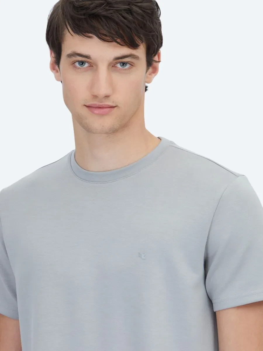 Gri Düz Bisiklet Yaka T-Shirt - 3