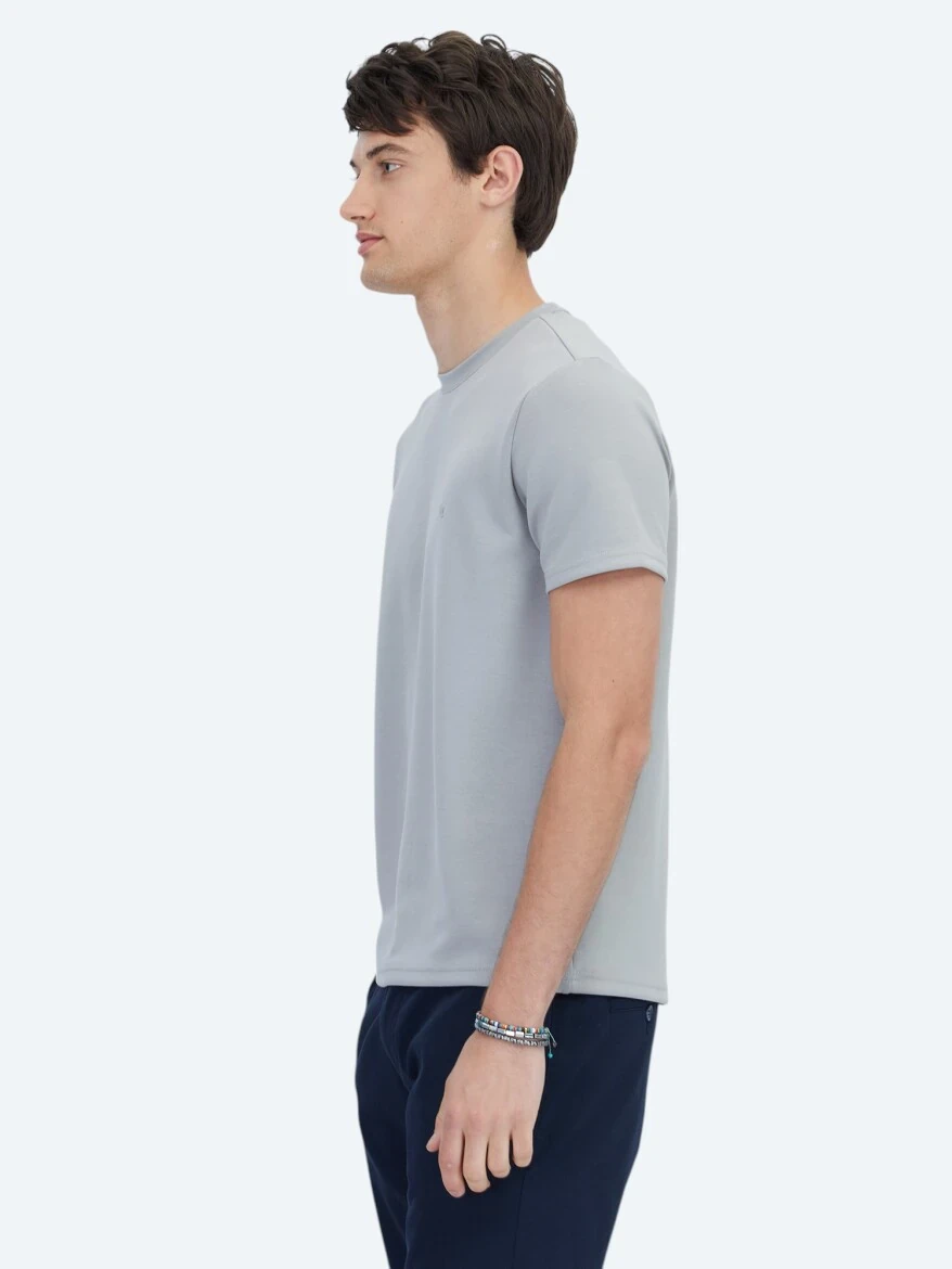 Gri Düz Bisiklet Yaka T-Shirt 