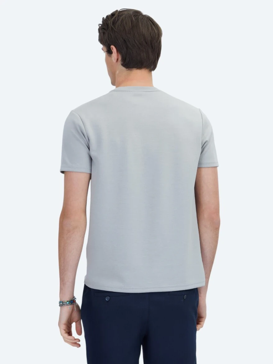 Gri Düz Bisiklet Yaka T-Shirt - 5