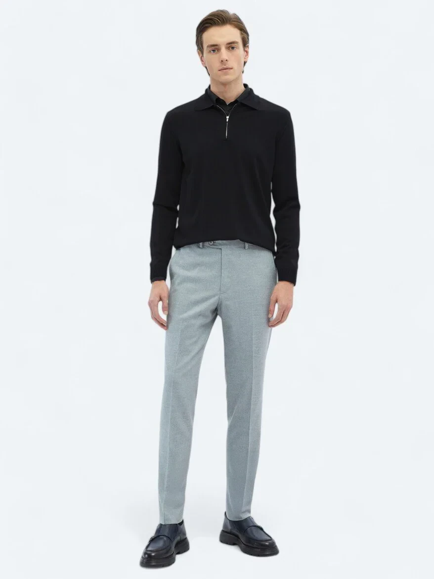 Gri Düz Dokuma Fitted Fit Klasik Pantolon - 1