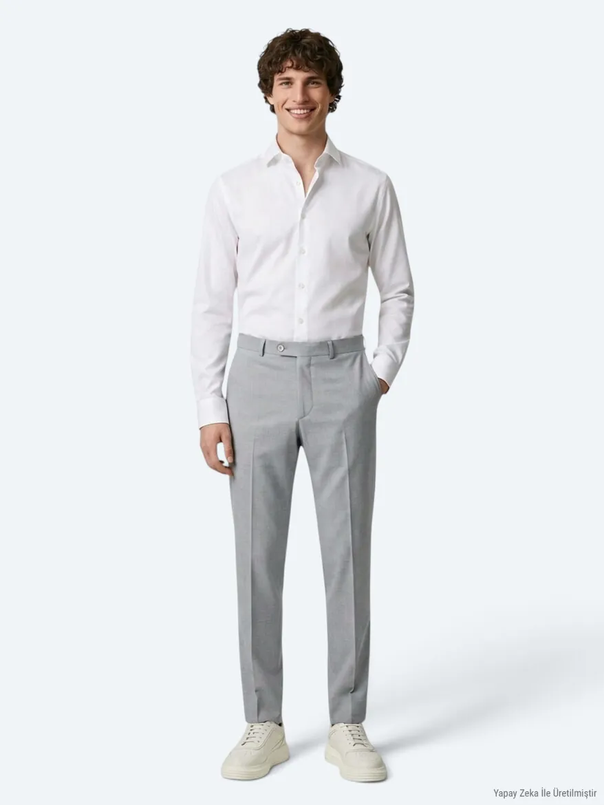 Gri Düz Dokuma Fitted Fit Klasik Pantolon - 1