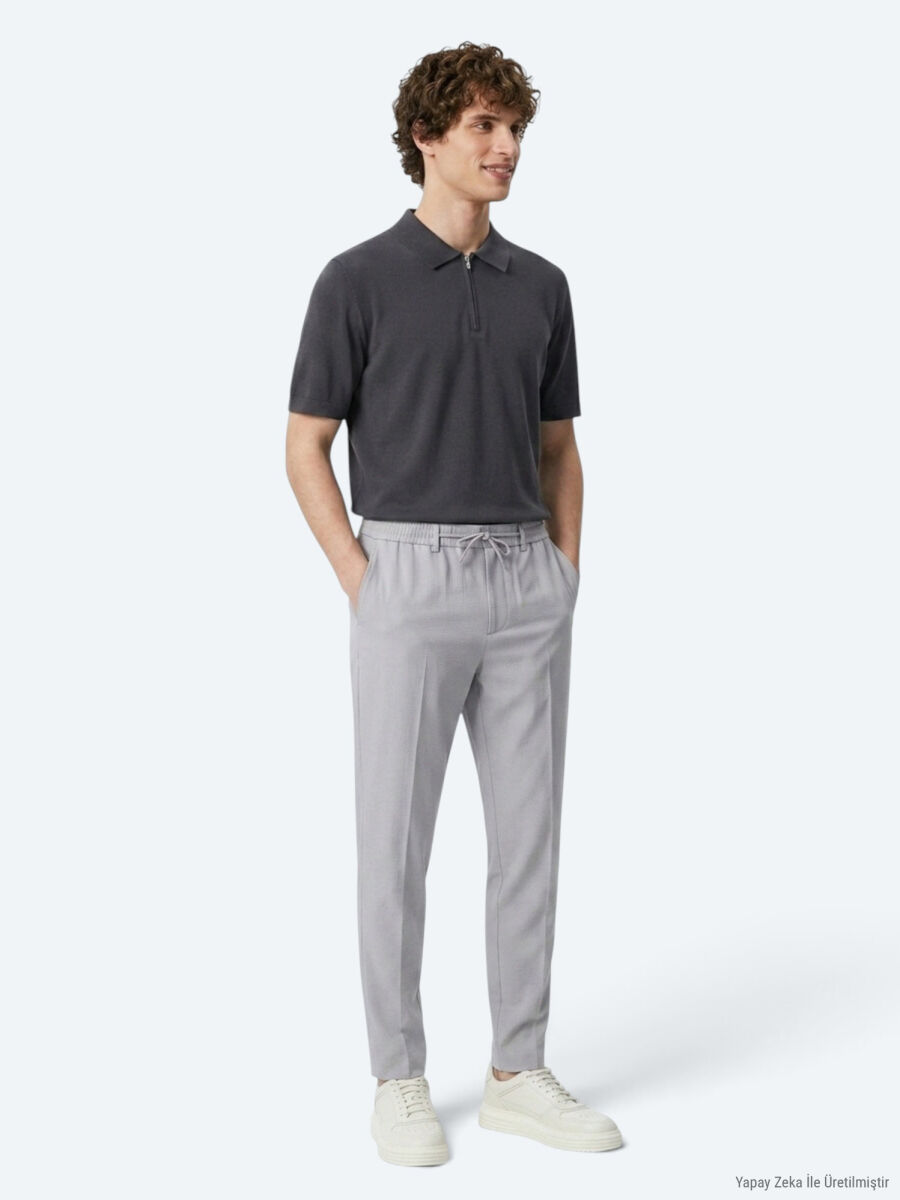 Gri Düz Dokuma Jogging Fit Casual Pantolon - 3