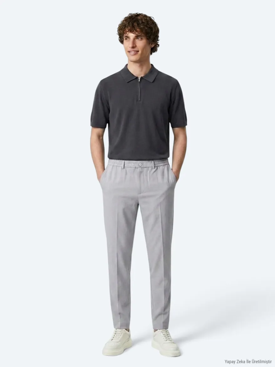 Gri Düz Dokuma Jogging Fit Casual Pantolon - KİP