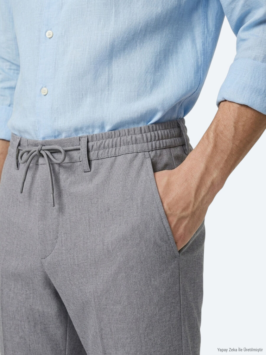 Gri Düz Dokuma Jogging Fit Casual Pantolon - 3