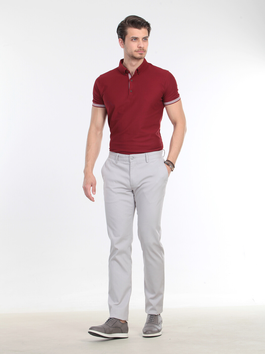 Gri Düz Dokuma Regular Fit Casual Pamuk Karışımlı Pantolon - 1