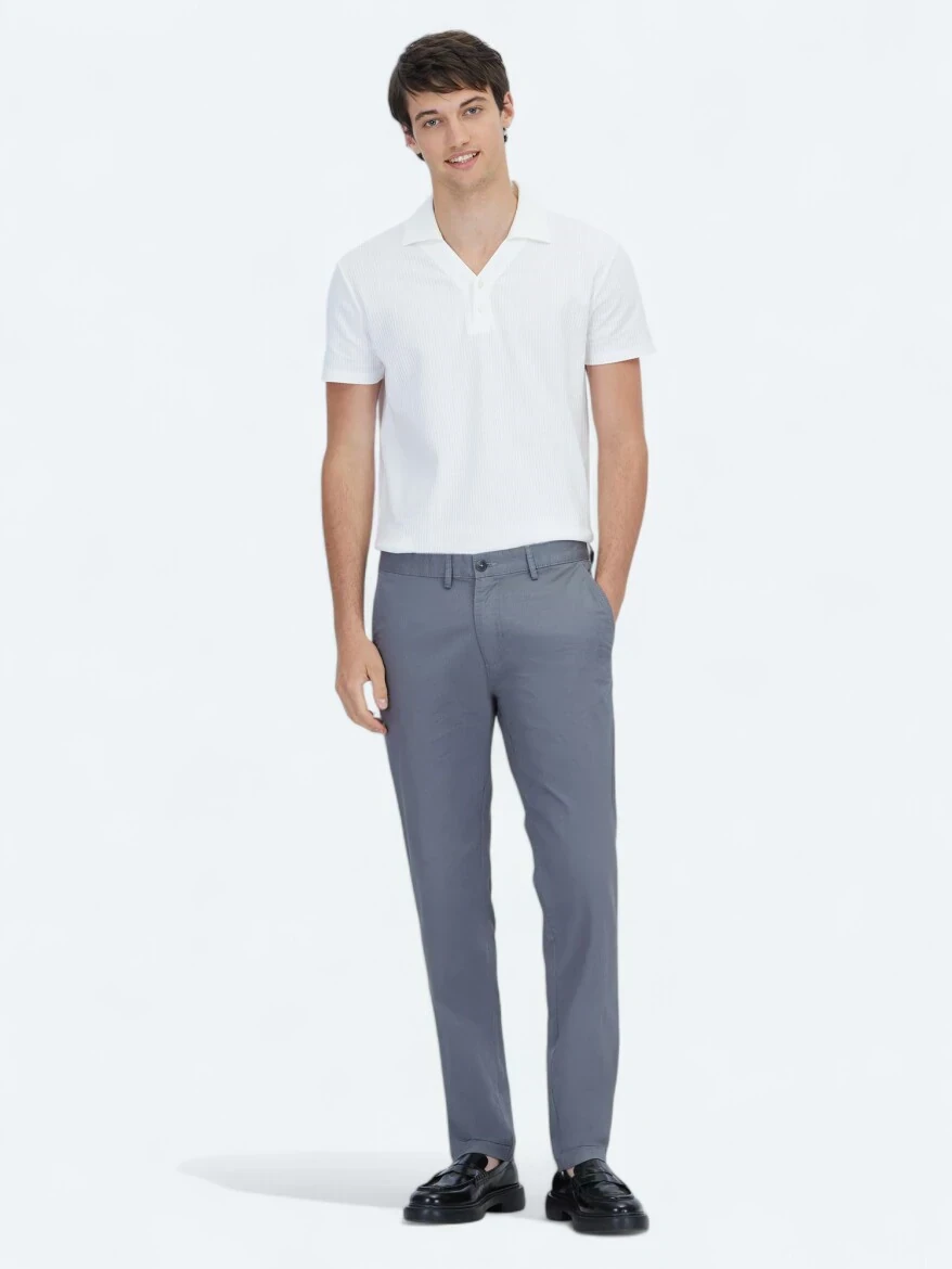 Gri Düz Dokuma Regular Fit Casual Pamuk Karışımlı Pantolon - 1