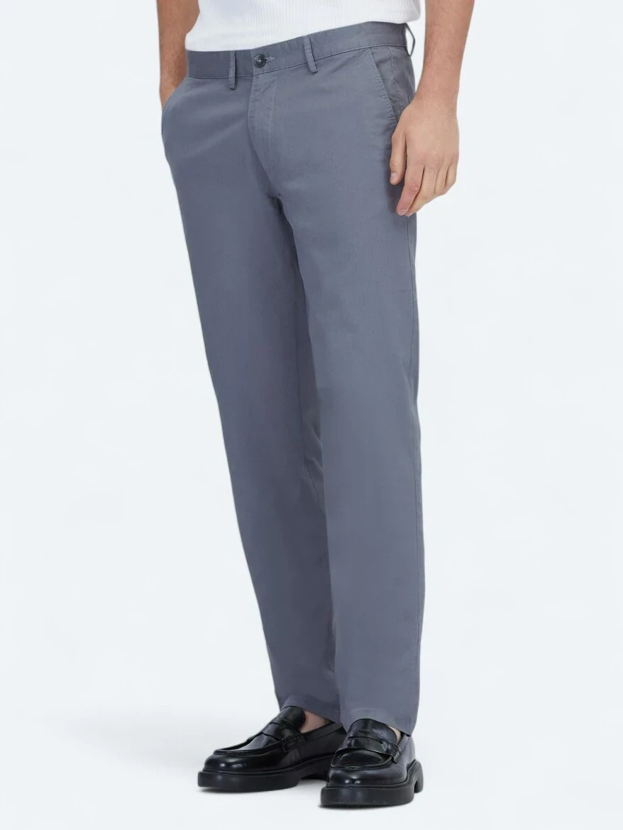 Gri Düz Dokuma Regular Fit Casual Pamuk Karışımlı Pantolon - 2