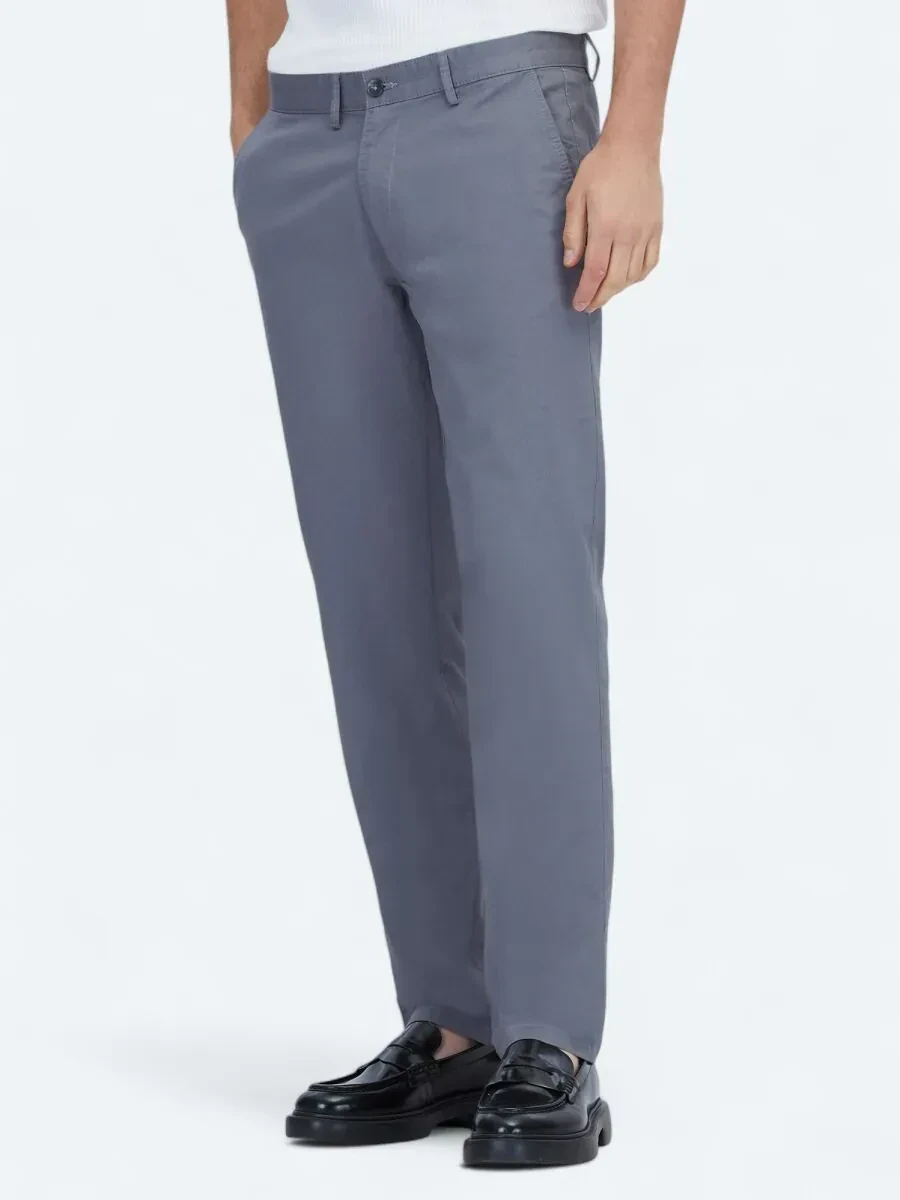 Gri Düz Dokuma Regular Fit Casual Pamuk Karışımlı Pantolon - 2