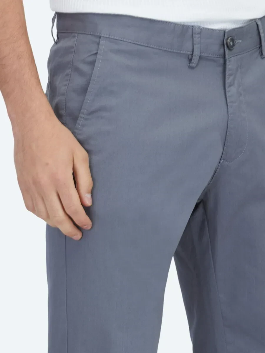 Gri Düz Dokuma Regular Fit Casual Pamuk Karışımlı Pantolon - 3