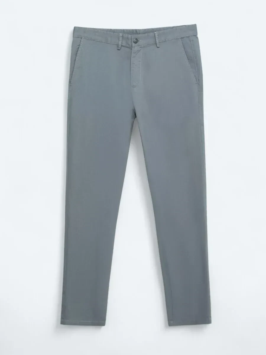 Gri Düz Dokuma Regular Fit Casual Pamuk Karışımlı Pantolon - 5