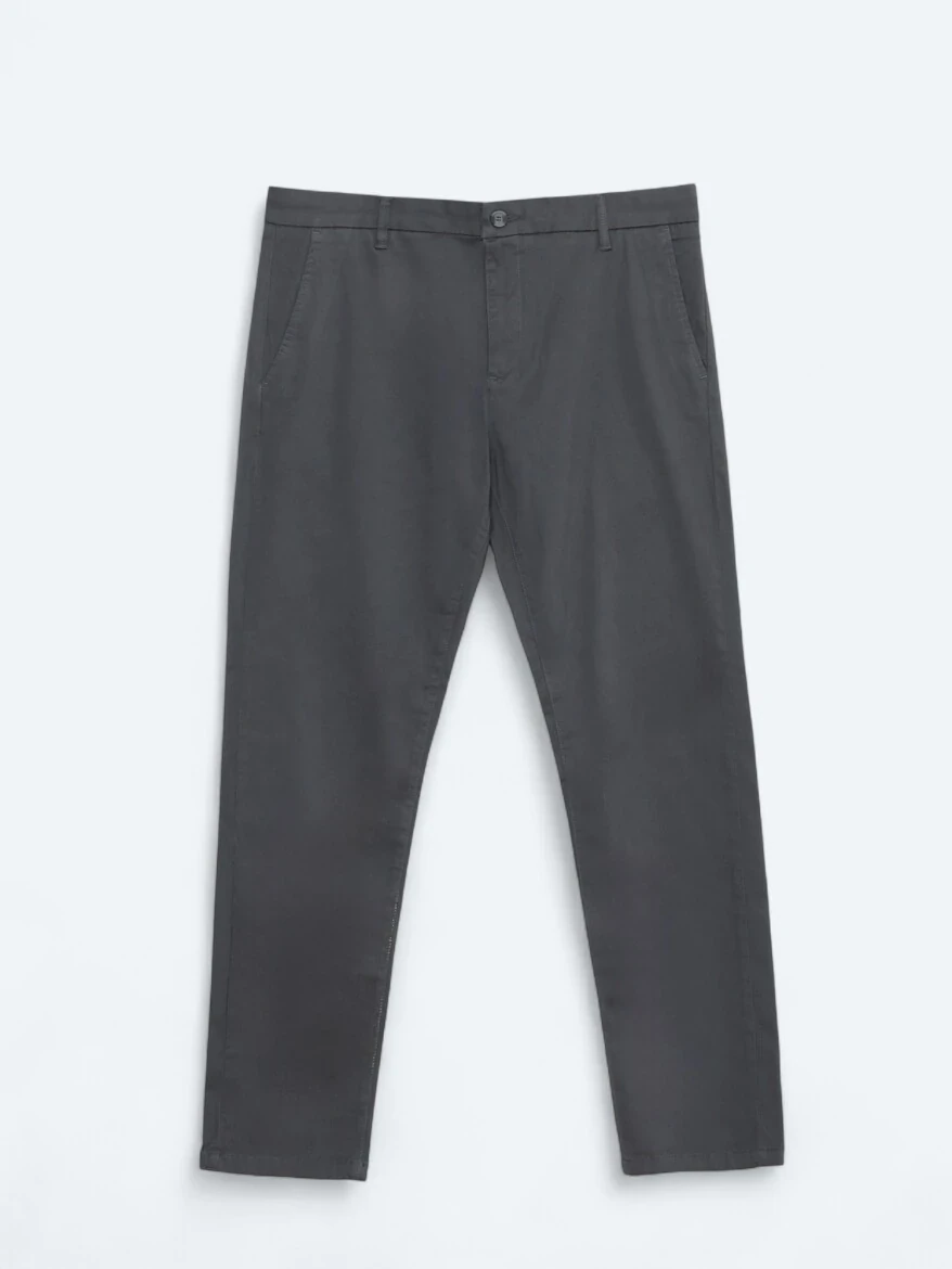 Gri Düz Dokuma Regular Fit Casual Pamuk Karışımlı Pantolon 