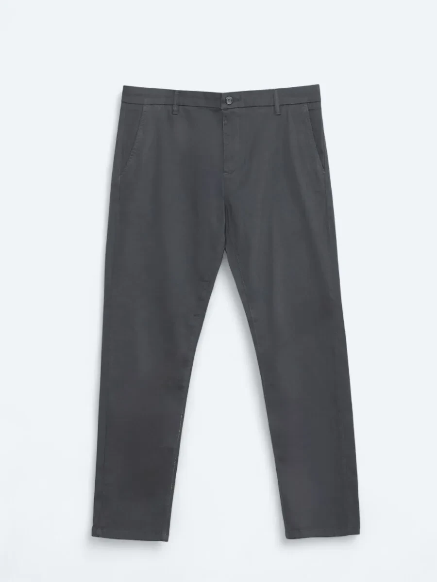 Gri Düz Dokuma Regular Fit Casual Pamuk Karışımlı Pantolon - 1