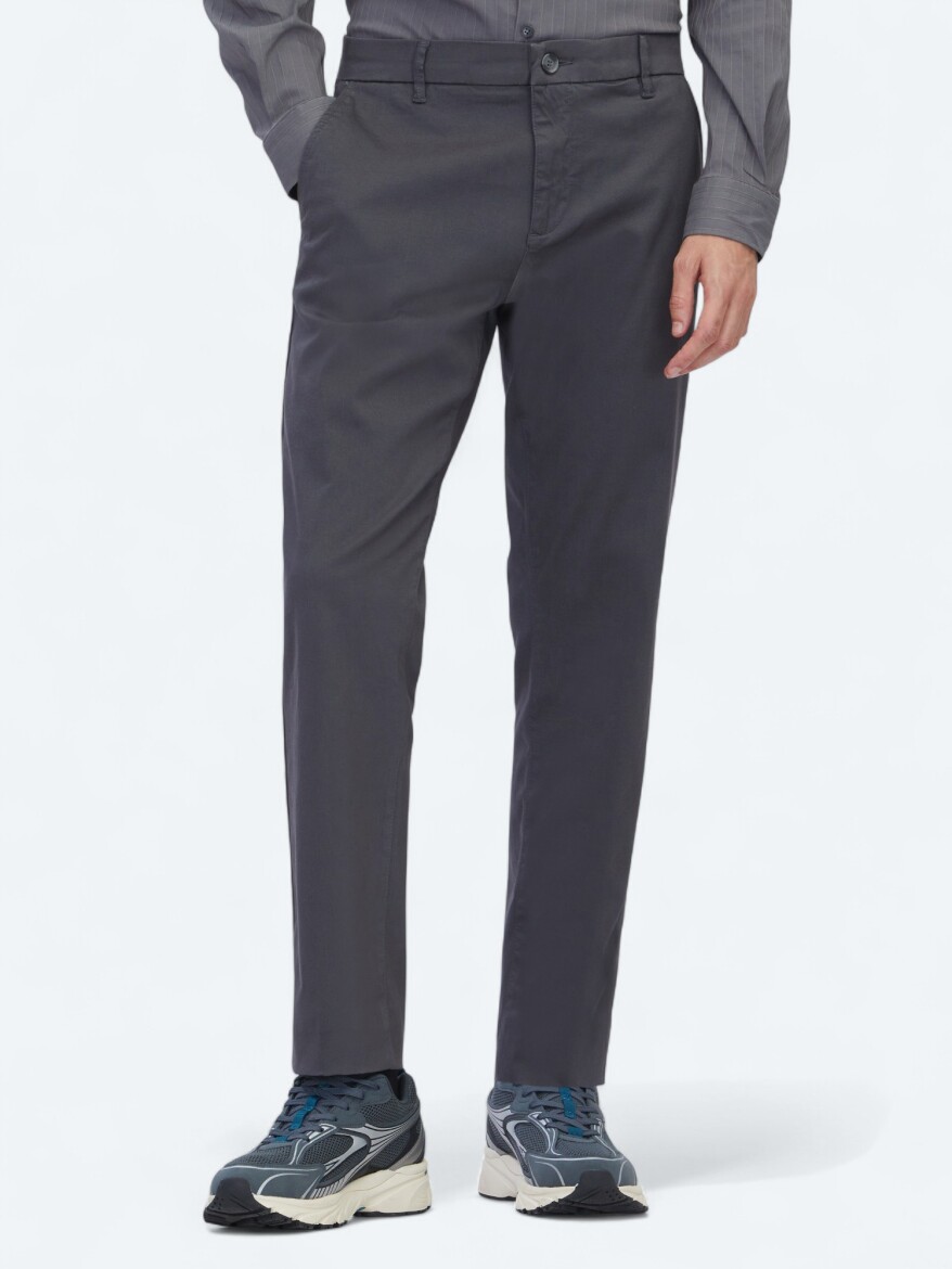 Gri Düz Dokuma Regular Fit Casual Pamuk Karışımlı Pantolon - 2
