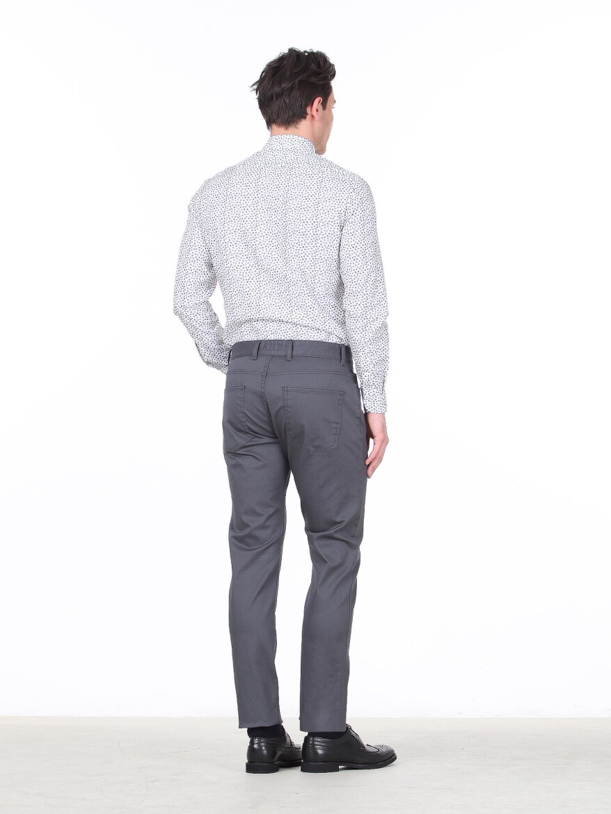 Gri Düz Dokuma Slim Fit Casual Pamuk Karışımlı Pantolon - 4