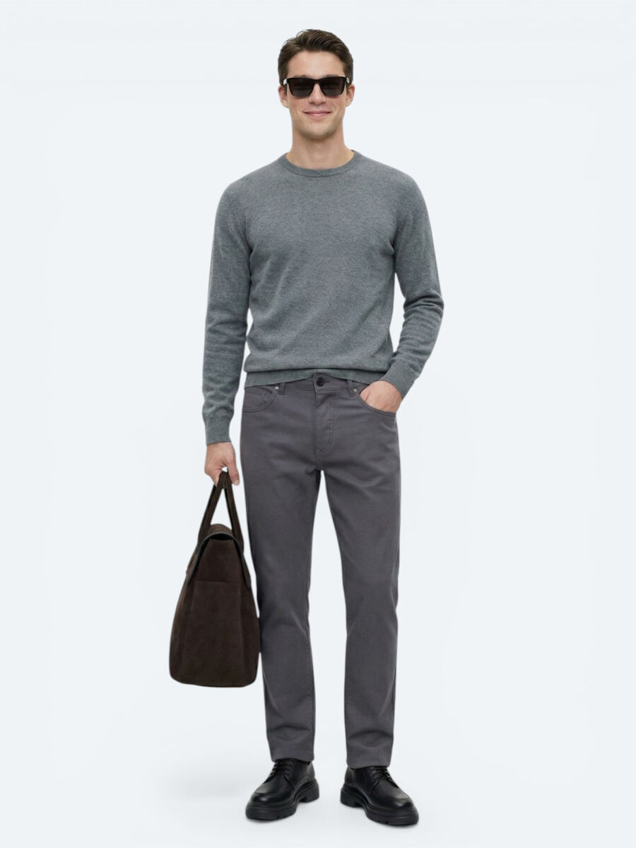 Gri Düz Dokuma Slim Fit Casual Pamuk Karışımlı Pantolon - 1